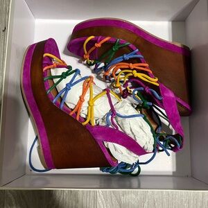 Shellys London Jazz Bright Multi Suede Lace-Up Platform Wedge Sandals 37